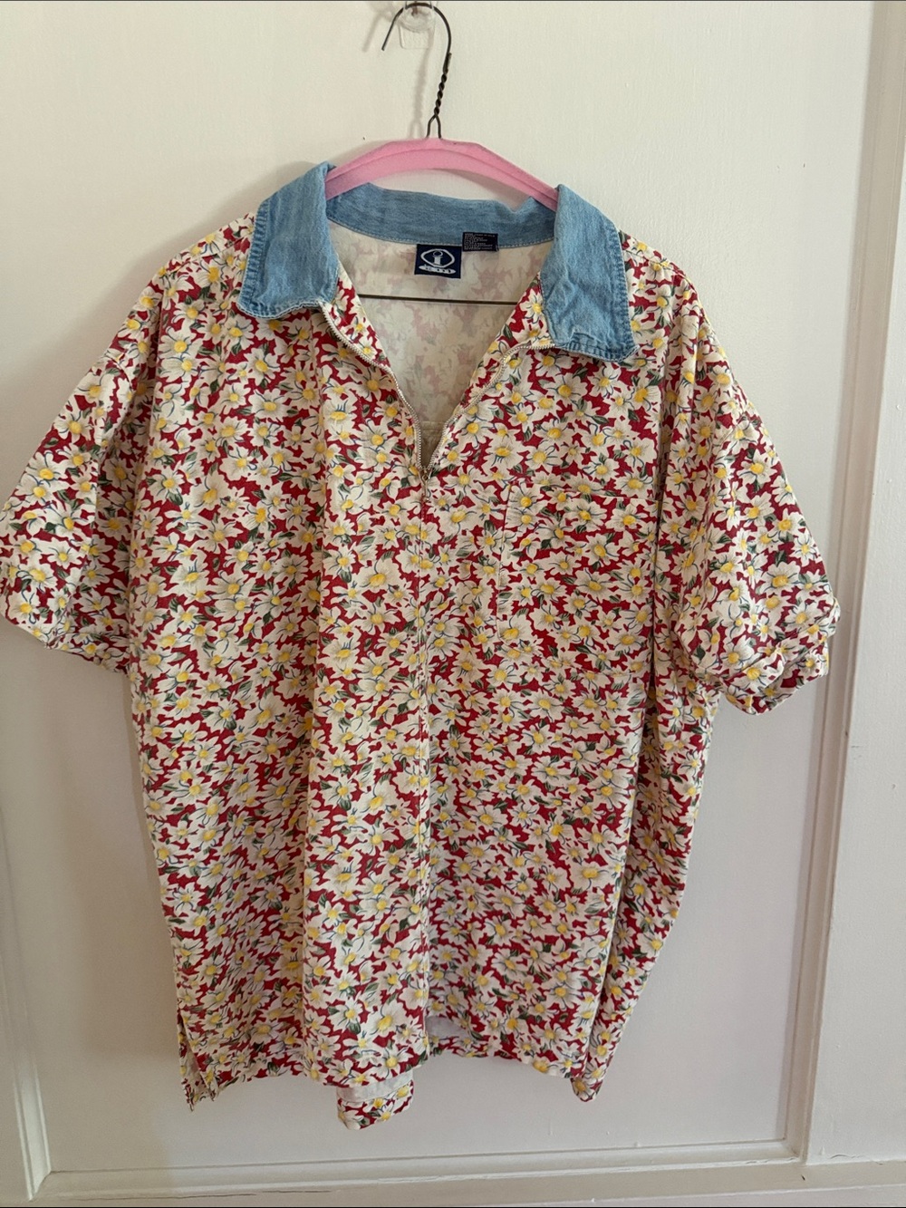 Vintage Casual Floral Short-Sleeve Shirt with Denim Collar - sunflowers prairie